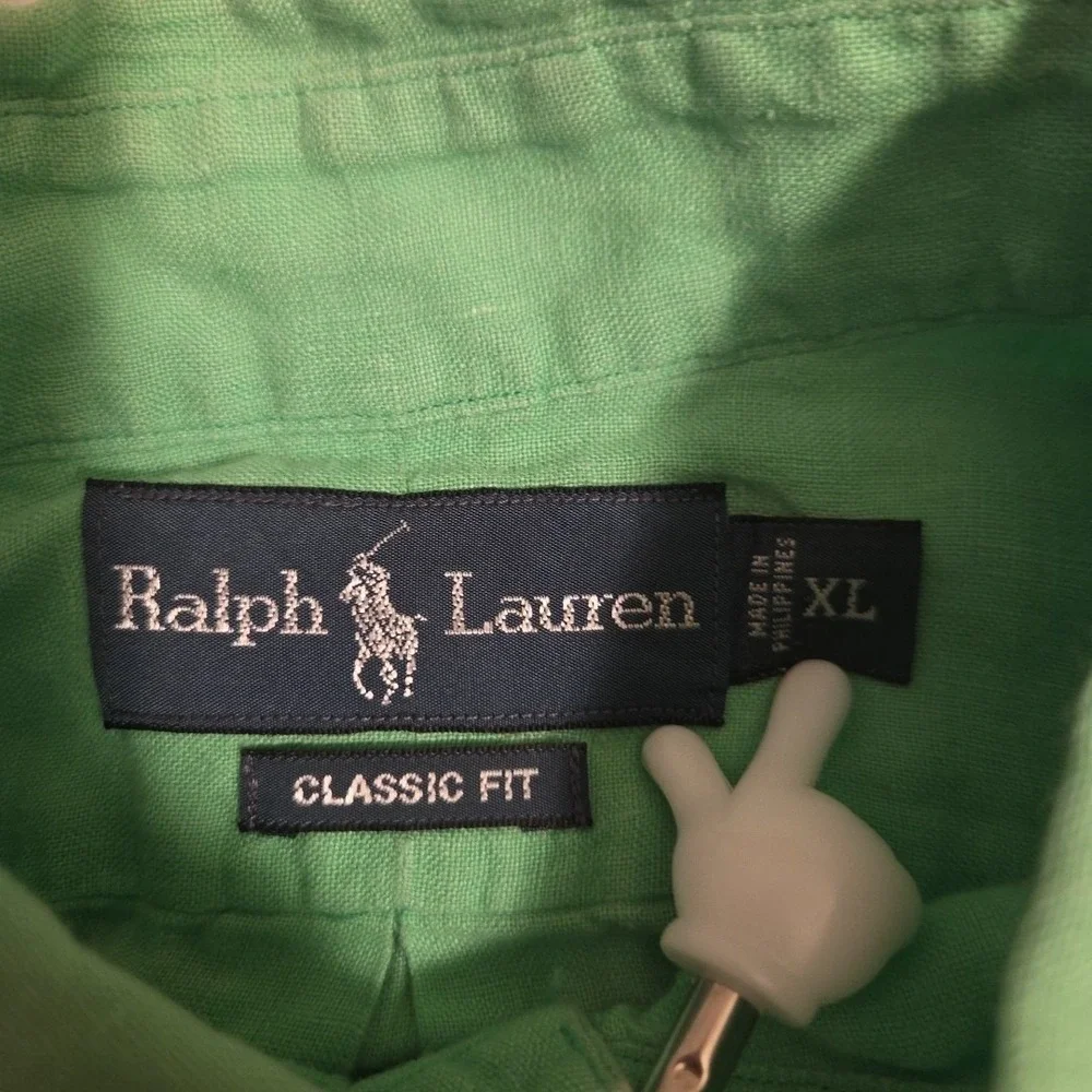 VTG Polo Ralph Lauren 100% Linen Short Sleeve‎ Button Down Shirt Size XL Green